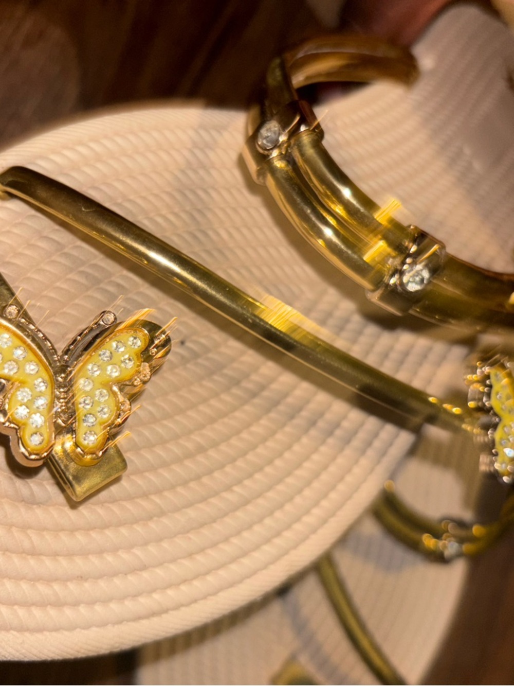 Gold Butterfly Strap Sandals in Beige